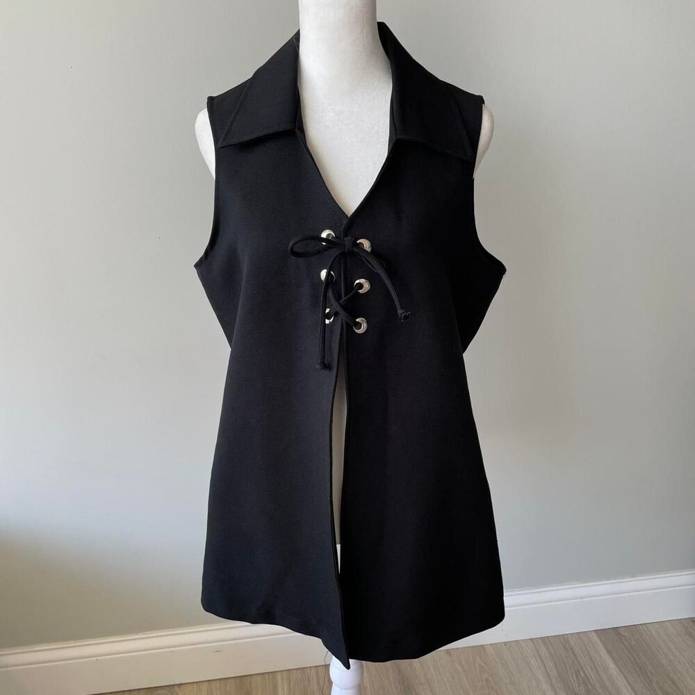 Black Sleeveless Lace Up Fly Away Tuxedo Jacket Vest Women's Large Vintage Y2K